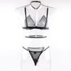 Black French Metal Chain Rimless Mesh Bra Set Women Y2k Thong Perspective Lingerie Three Piece Suit with Collar New