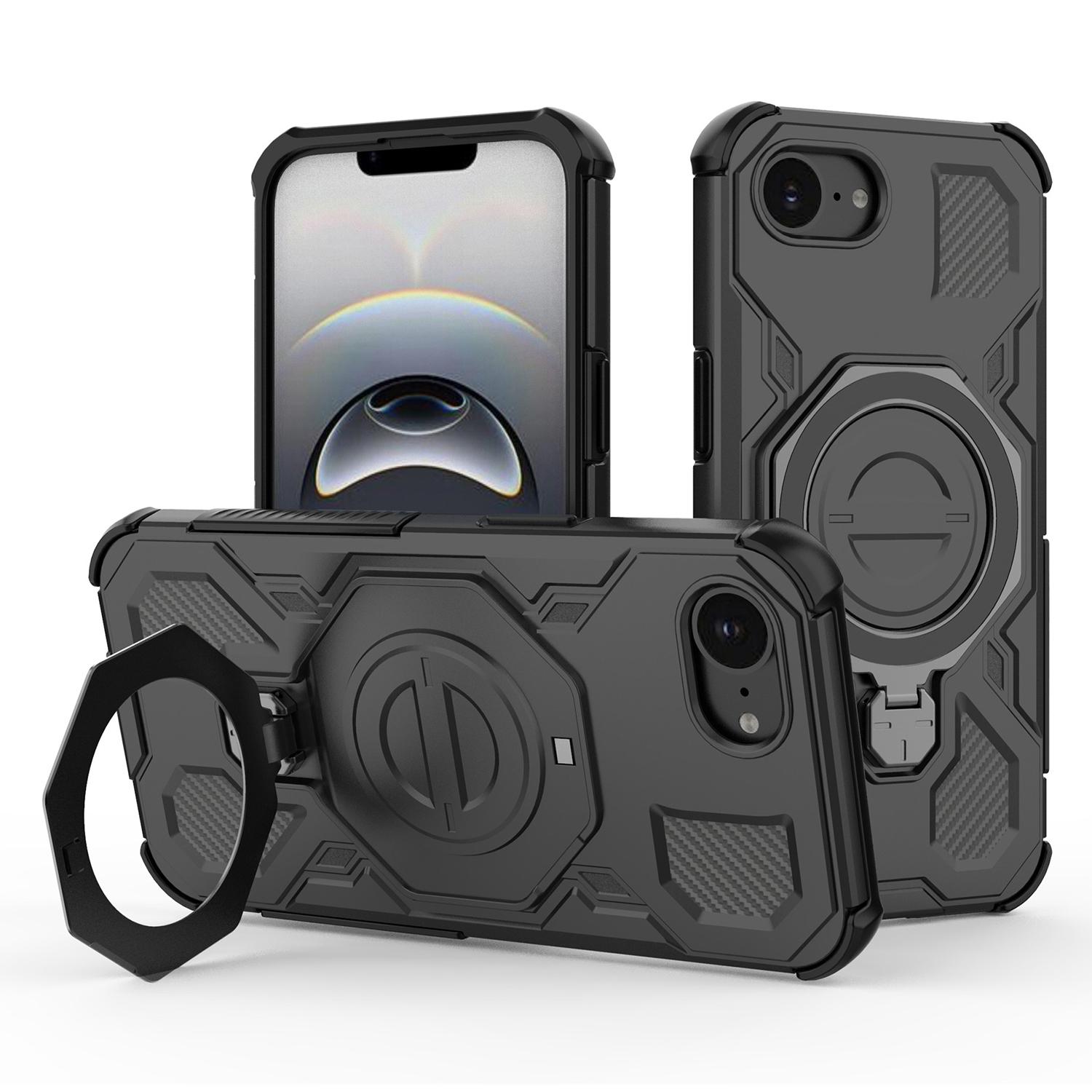 For iPhone 16e Magnetic Case Rotating Metal Kickstand Shockproof PC + TPU Phone Back Cover D