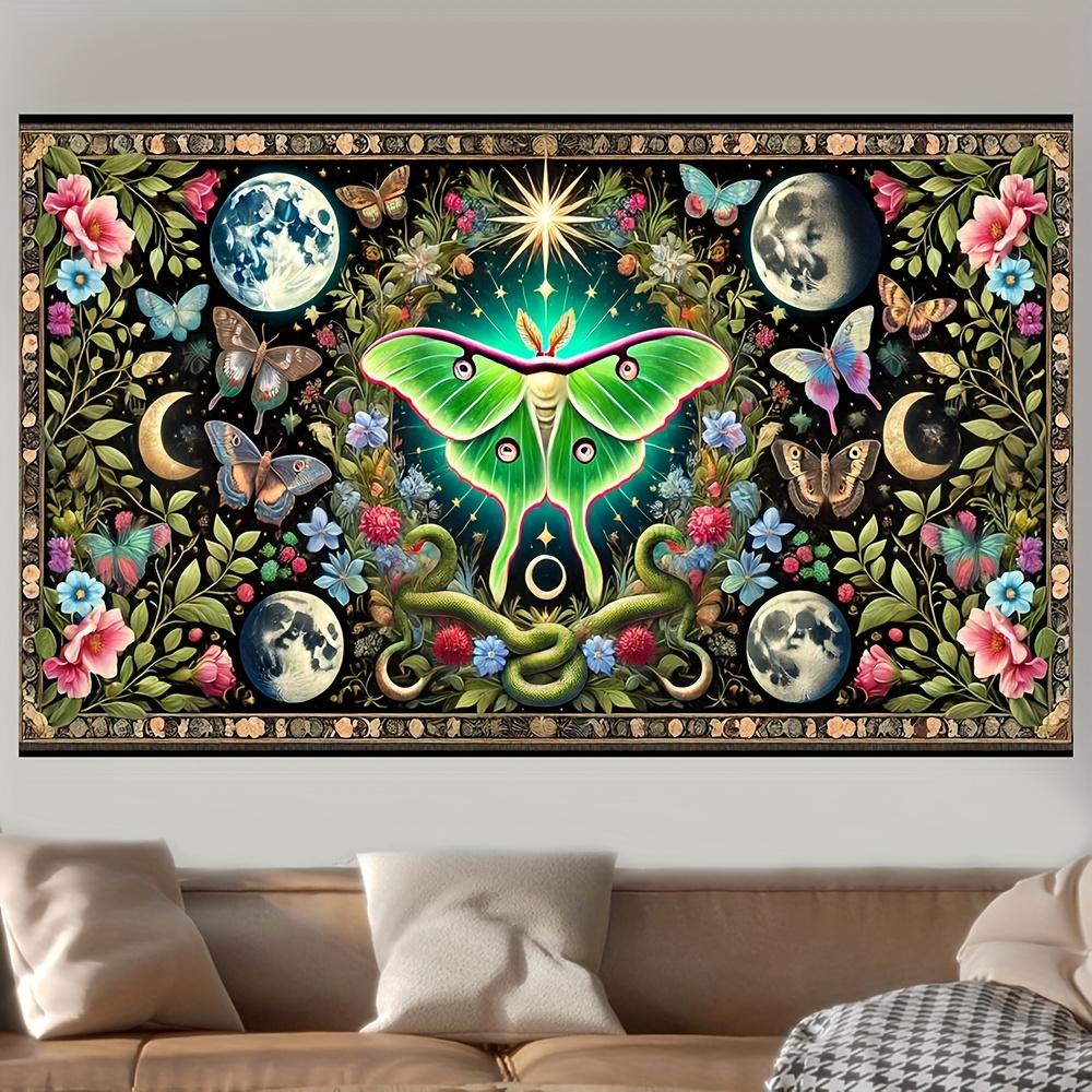 Luna Moth Wall Tapestry Cosmic Butterfly Art Moon Phases Floral Pattern Mystical Nature Decor Boho Living Room Wall Hanging 74x94cm(29x37in)