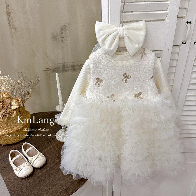2025 Winter Red Velvet Mesh Princess Dress for Toddlers with Bowknot