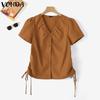 VONDA Summer Women V Neck Short Sleeve Side Drawstring Buttons Up Casual Blouse