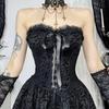 Gothic Goth Dark Lace Patchwork Bandage Strapless Corset Dress Party Gown Fairy Backless Tailed Women