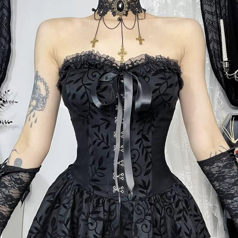 Gothic Goth Dark Lace Patchwork Bandage Strapless Corset Dress Party Gown Fairy Backless Tailed Women