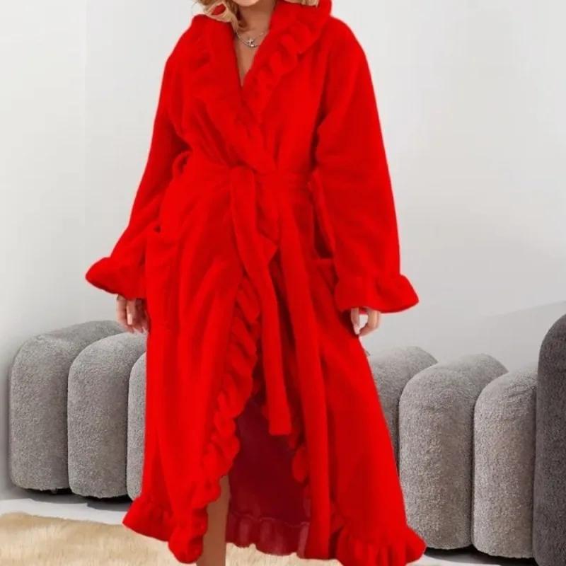 Women's Long Warm Robe Home Wear Autumn and Winter Coral Velvet Thickened Bathrobe Casual Soft Solid Lace Up Loungewear