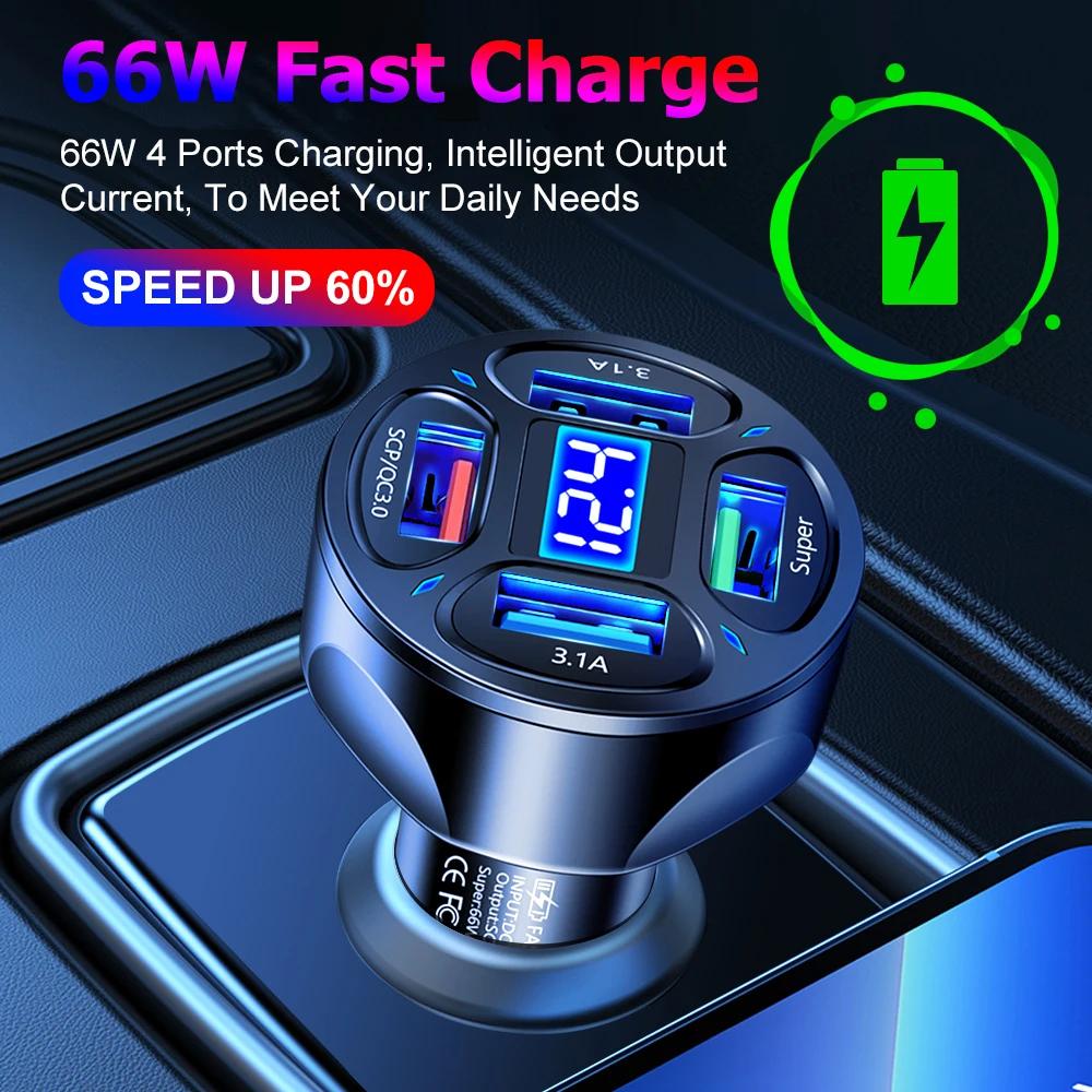 66W Car Charger QC 3.0 USB Car Charger Quick Charging Adapter 4-Port Phone Charger for IPhone Xiaomi Huawei
