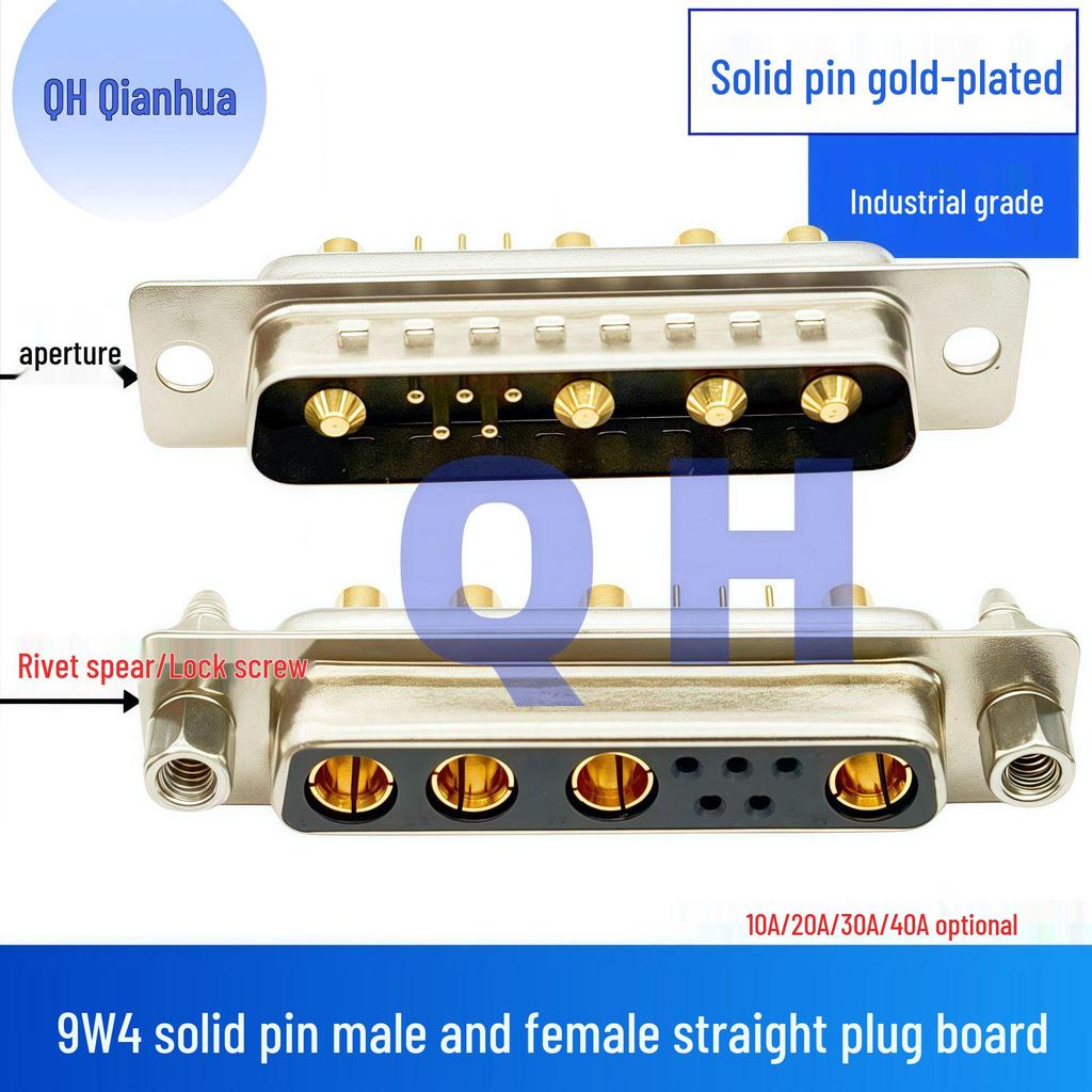 High Current 9W4 Mixed Load Male Female D-SUB Connector, 5+4 Pin, Straight Through, Rivet Spear, Solder Board Type
