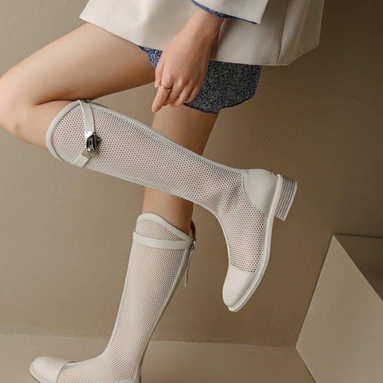 Fashion Soft leather thin boots hollow long boots 2025 summer new women's shoes mesh high-top breathable mesh boots
