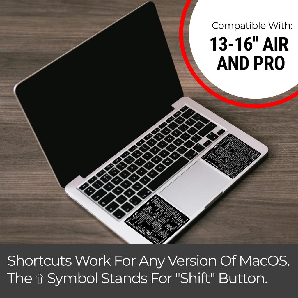 SYNERLOGIC Mac OS Quick Reference Keyboard Shortcut Stickers for MacBook 1 (M/Intel) + Word/Excel (for Mac) - Air/Pro/iMac/Mac/Mini (Black, set)