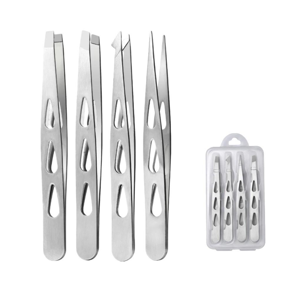 4PCS/Set Stainless Steel Eyebrow Tweezers Pointed Tip Oblique Mouth Eyelash Tweezers Multifunctional Portable