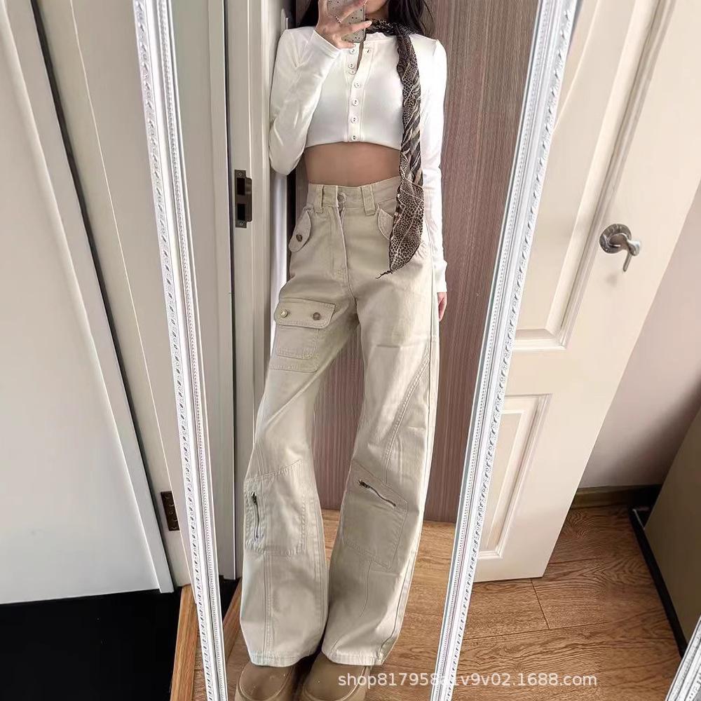 Damen High-Waist American Cargo Jeans mit mehreren Taschen und Micro-Flared Wide-Leg Design für Frühjahr 2025