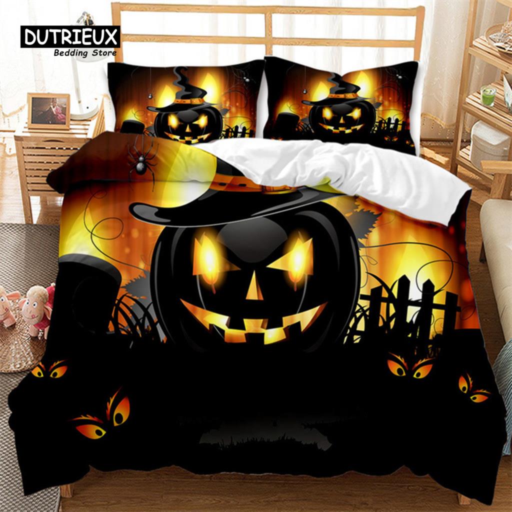 Cartoon Pumpkin Duvet Cover Gothic Halloween Skull Bedding Set Polyester Lantern Ghost Comforter Cover King For Boys Girls Decor