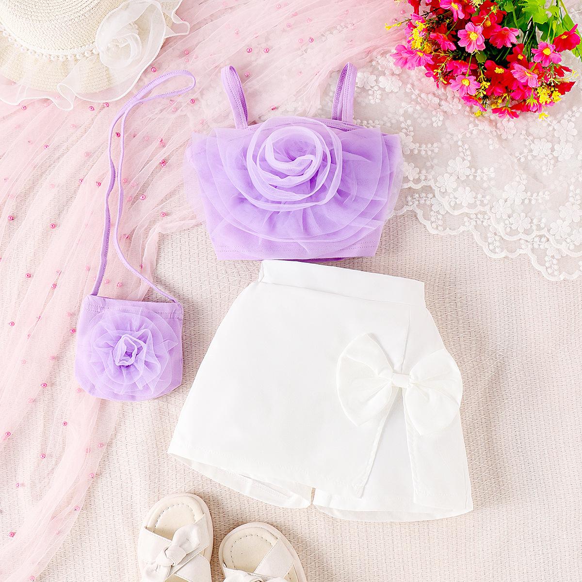 

Комплект одежды для девочек, летний детский топ с цветочным принтом + шорты нестандартной формы + сумка 7Y фиолетовый