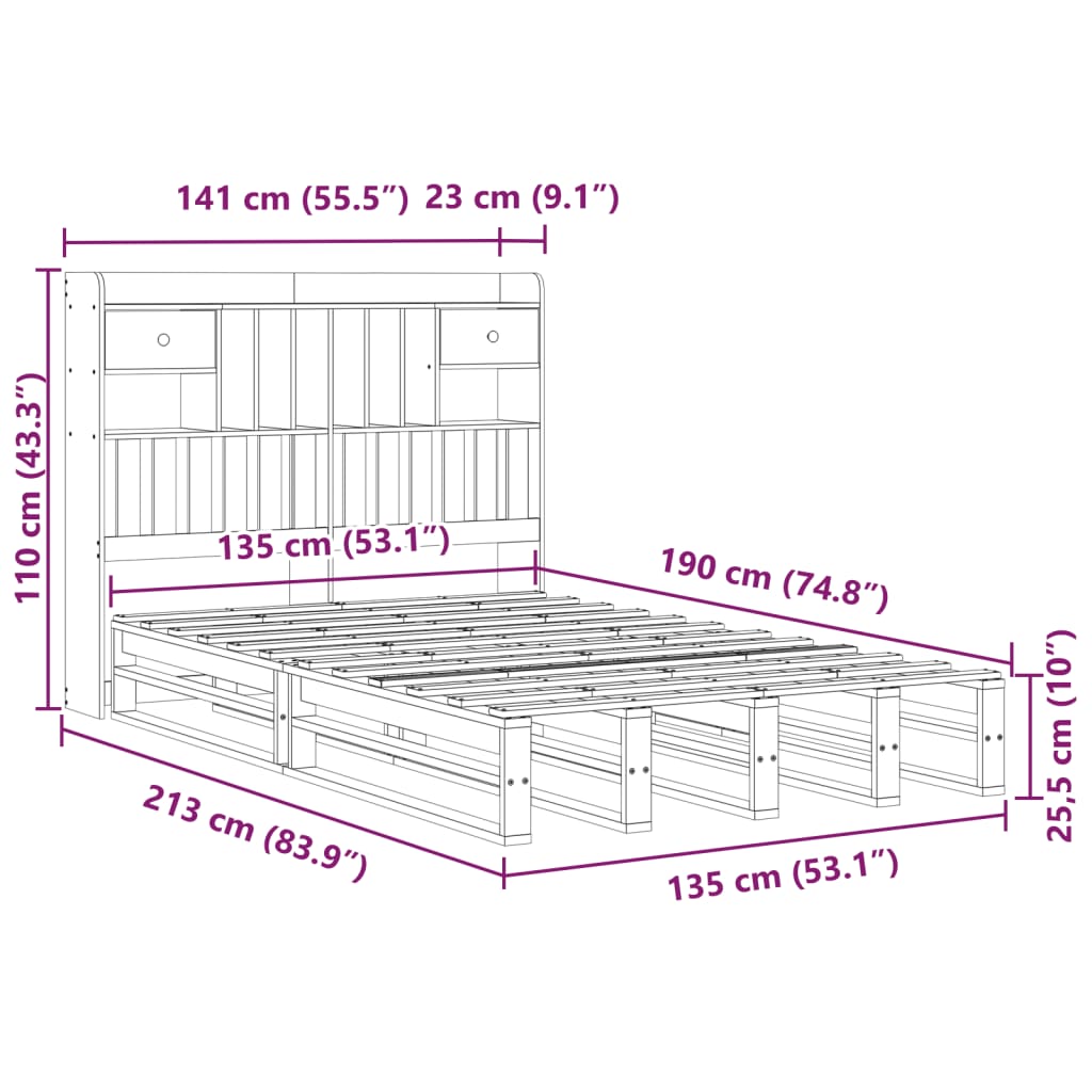 Solid Wood Bed with Shelf Without Mattress Wax Brown 135 X 190 Cm