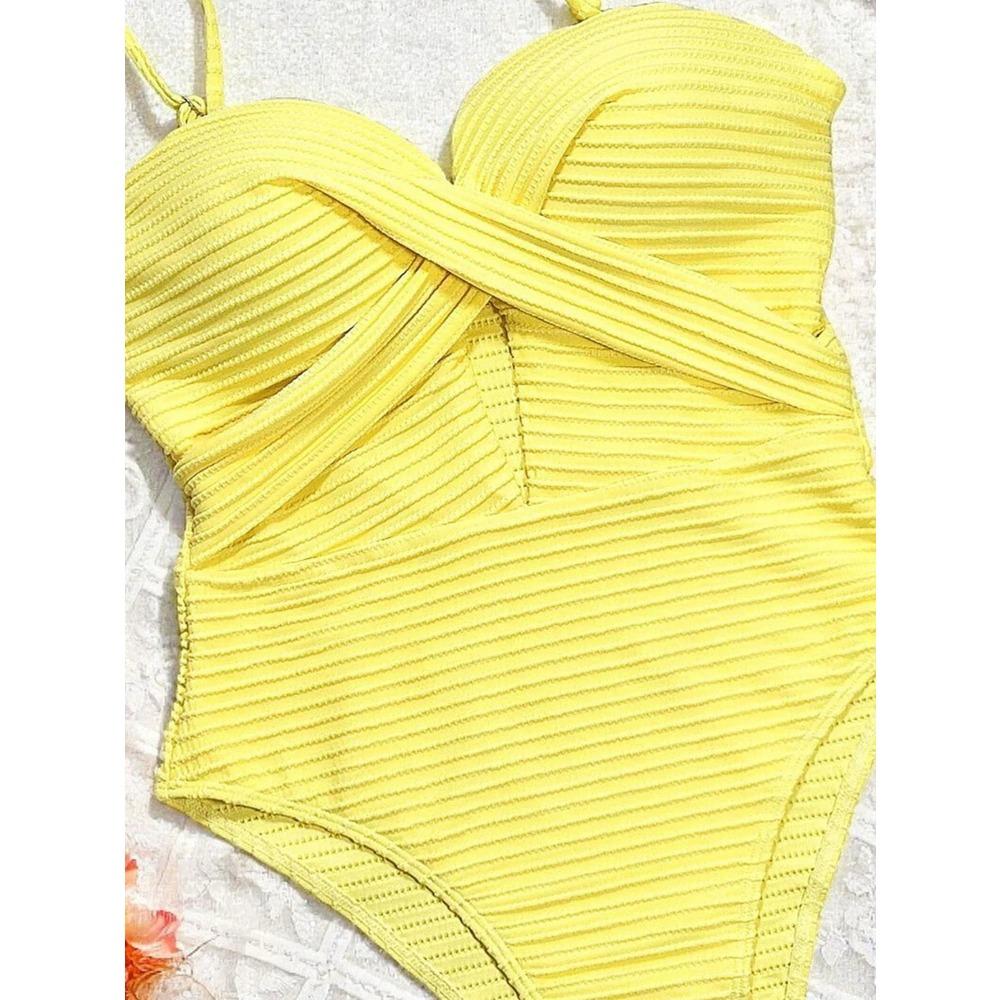 Sexy Yellow Swimwear Women 2026 Hollow Out Cross Slim Tummy Control One Piece Swimsuit Beach Backless Bathing Suit Monokini