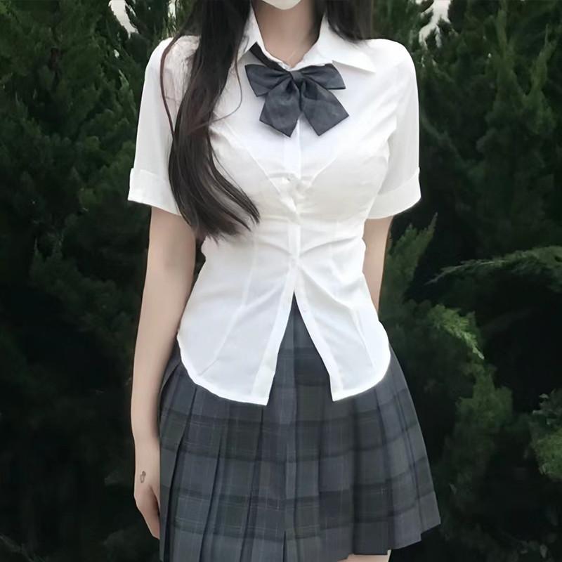 Women's Slim Fit Long Sleeve Shirt Japanese JK College Style Button-Down Blouse Preppy Casual Top