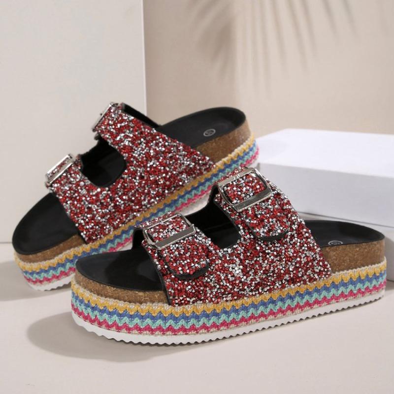Large Size Platform Sandals Double Buckle Plus Diamond Hemp Rope Wind Beach Shoes Platform Heightening Muffin Shoes