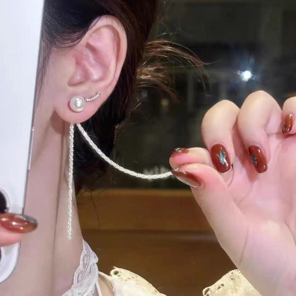Elegant Long Pearl Tassel Earrings for Women - Slimming, High-End Design for Round Faces, New Niche Goddess Collection.