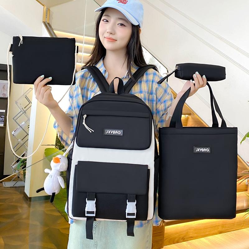 Four-piece Girls Schoolbag Simple Large Capacity Solid Color Five Backpack Junior High School Student Backpack Women