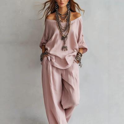 Damen schulterfreies Langarm-Oberteil mit Weitbein-Hose Lässiges Loungewear-Set