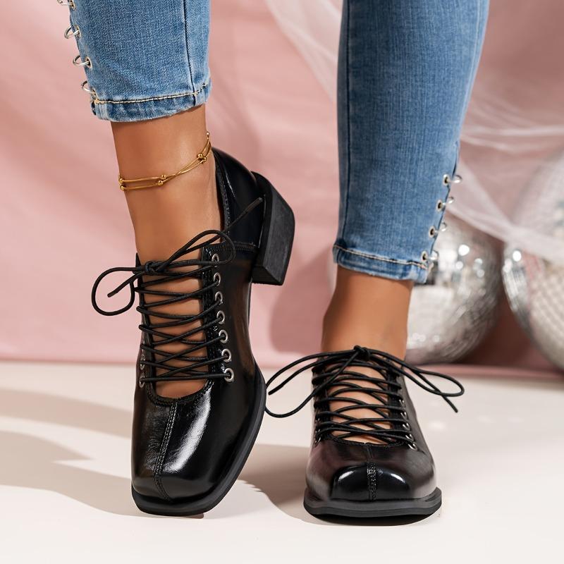 Women'S Fashionable Square Toe Block Heel Ankle Boots - Black, Lace-Up, Mid-Calf, Synthetic, Stylish for All Seasons, Casual To Semi-Formal Wear