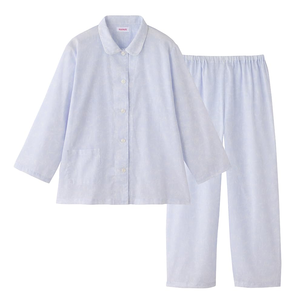Gunze Long Sleeve Pajamas with Elastic Sleeve and Leg No Side Natural Willow Sax Women's Holes, Seams, Fabric,