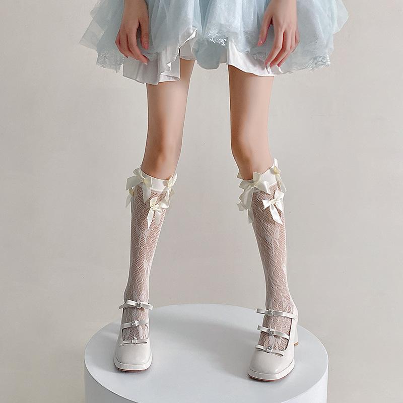 Ballet Calf Socks Women'S Spring And Summer Thin Sweet Bow Stacking Socks Jk Cream White Lolita Knee Socks