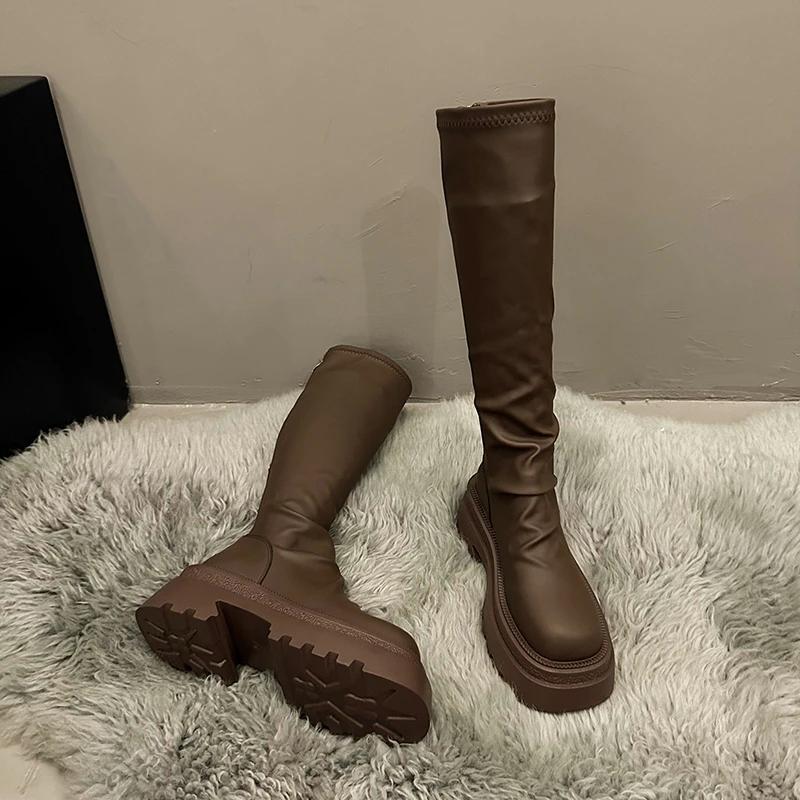 High Heeled Knee Length Boots for Women's Winter New Thick Soled Shoes, Square Toe Suede Women's Fashion Boots