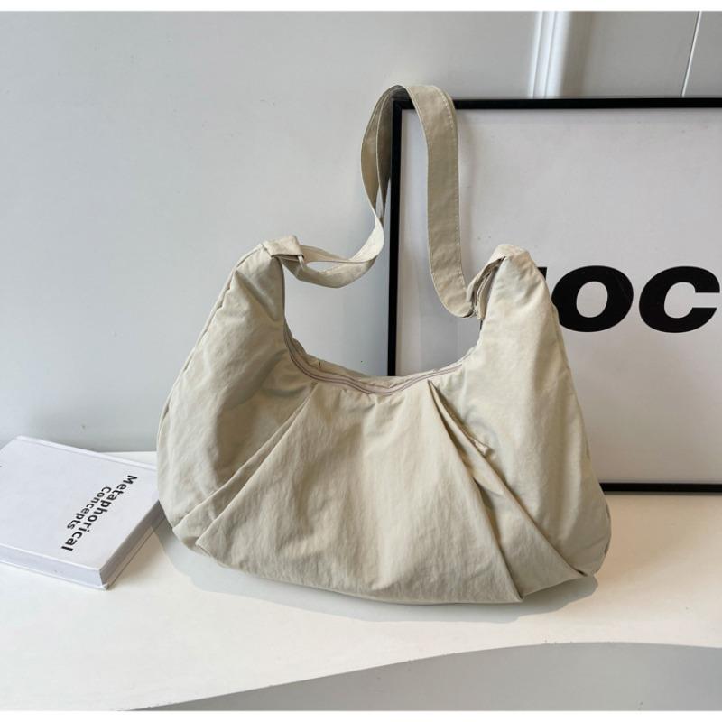Korean Style Nyl Shoulder Bag Tote Bag Large Capacity Casual Dumpling Bag Solid Color Fold Oxford Cloth Girls бежевый