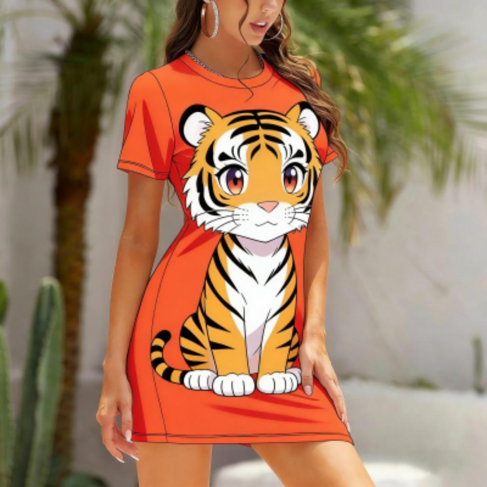 Summer Fun Tiger Print Women's Homewear Women Nightdress Short Sleeve Dresses Women's Nightwear Loungewear Women Home Dress
