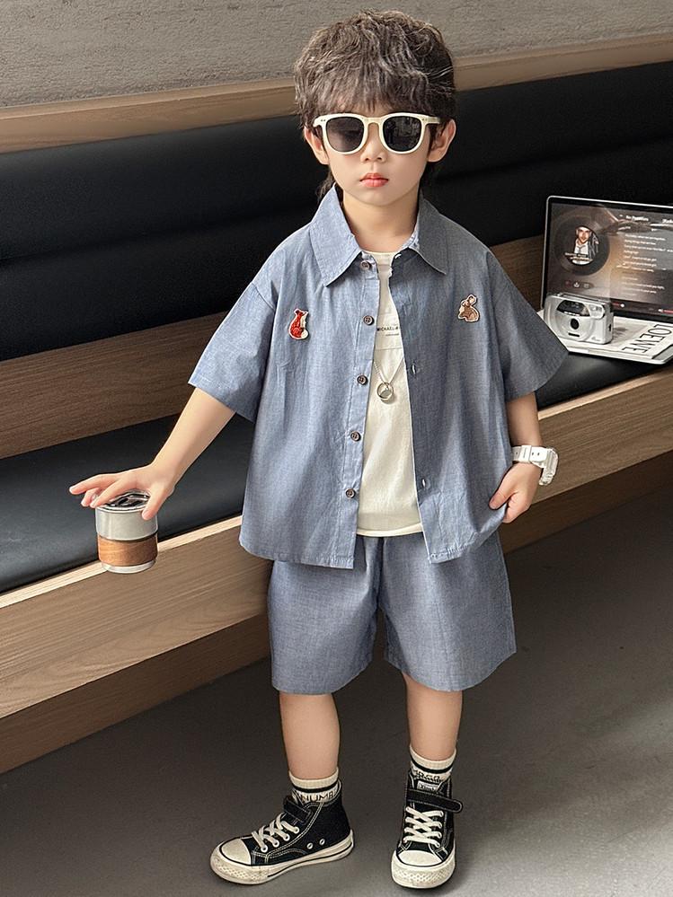 2026 Boys Summer Fashion Embroidered Animal Shirt and Shorts Set 150cm