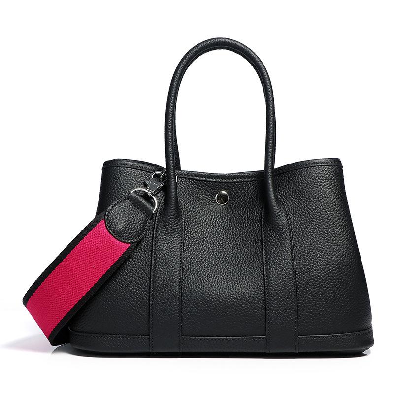 2025 Cowhide Lychee Pattern Garden Bag: Women's Color Block Wide Shoulder Strap Handbag
