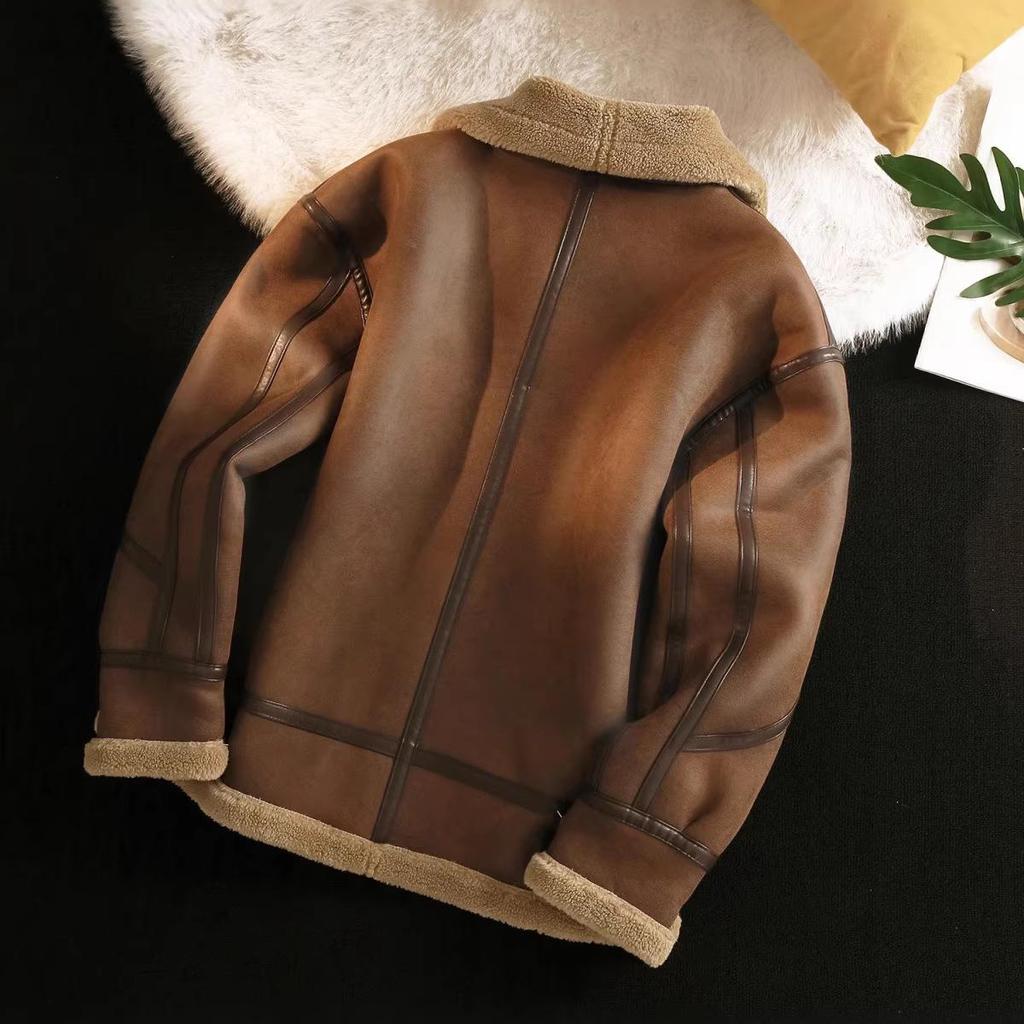 Herren Retro Lammwolle Motorradjacke: Samtleder, Verdickt für Herbst/Winter