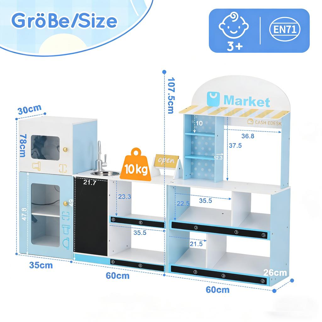 Loja de Brinquedo para Crianças, Brinquedo Educativo para Crianças a partir de 3 Anos, Madeira + Plástico, Azul, 30x155x