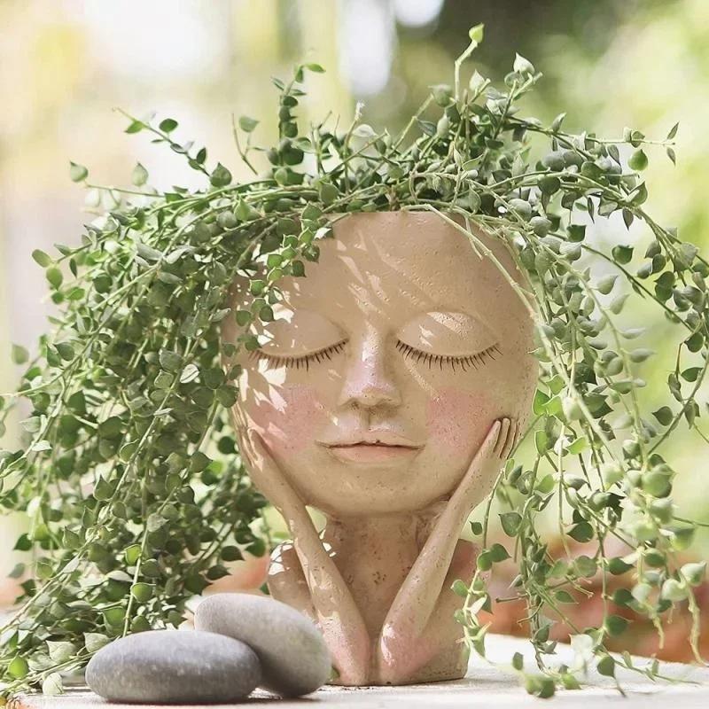

New Creative Face Flower Pot Head Planter Pot Succulent Planter Resin Art Statue Sculpture Potted Decorative Ornaments Vase C