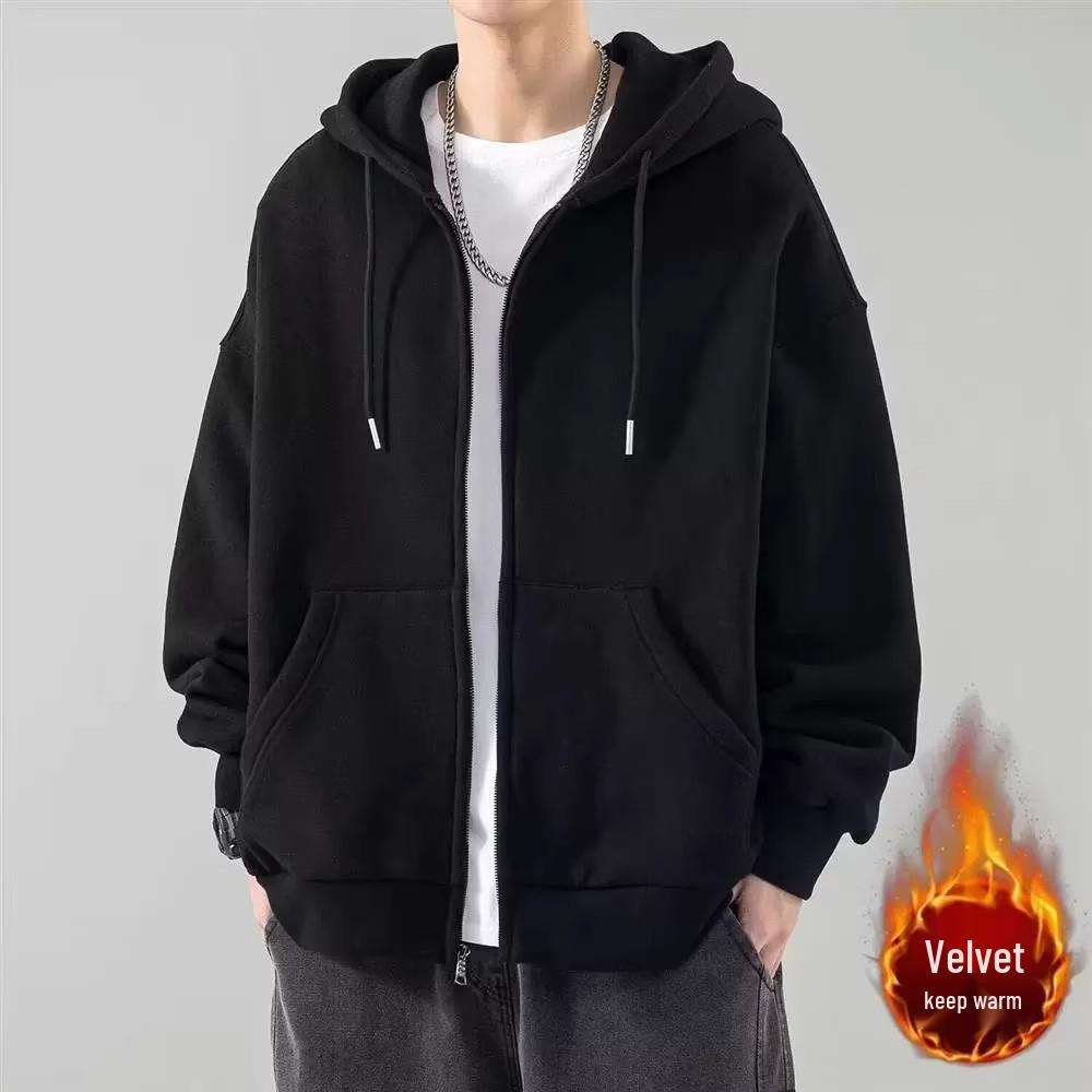 Men's Trendy Hooded Cardigan: Durable Plus Velvet Zipper Jacket for Youth (Spring, Autumn, Winter)