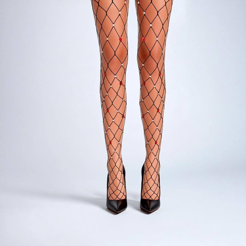 

European and American style sexy stockings, internet-famous, with heart-shaped rhinestones, shiny, large mesh fishnet pantyhose for women Average Size чёрный