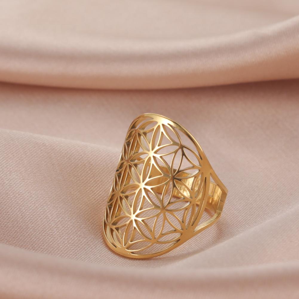 Stainless Steel Flower Of Life Ring Hollow Archangel Amulet Adjustable Ring For Women Sacred Geometry Wicca Jewelery Gift