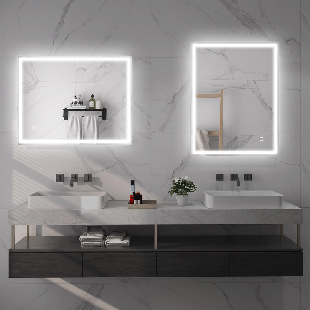 90 x 70cm LED Badkamerspiegel met Verlichting, Dimbaar Make-upspiegel, Kaptafelspiegel met 3 Kleuren, Slimme Touch, Anti-Mist