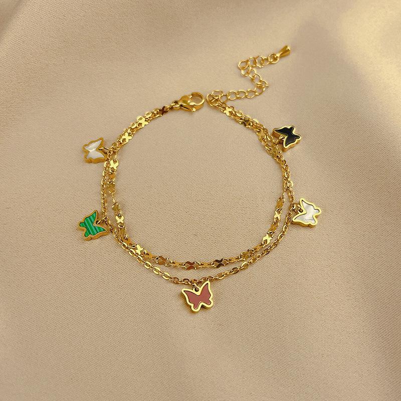 New Fashion Colorful Four Leaf Clover Anklet Women's Personalized Sexy Double Layer Anklet Titanium Steel Butterfly Anklet