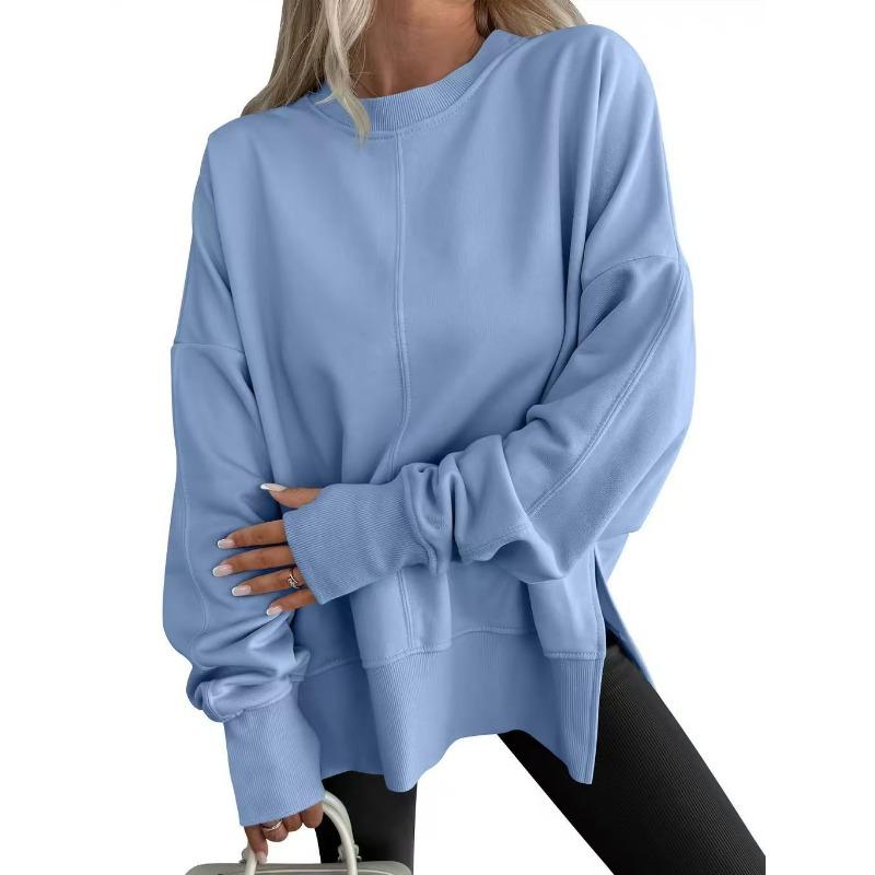 Loose Fleece Sweatshirt Round Neck Side Split Long Sleeve Casual Top For Women