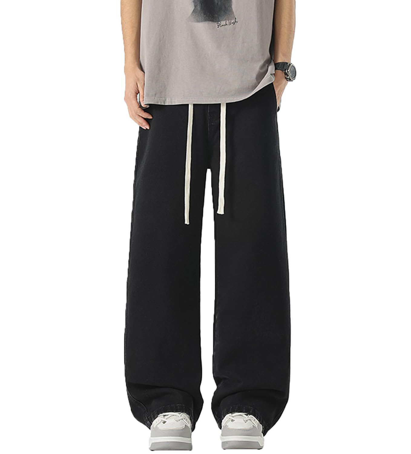 

F fasnlido Wide Leg Denim Jeans with Elastic Straight Available in Sizes Men s Waist, Fit, S-3XL (3XL Black)