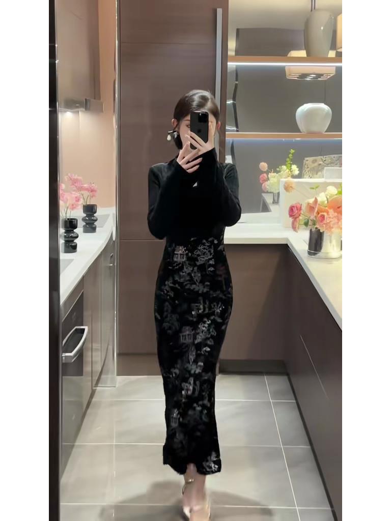 Modernes Schwarzes Samt-Cheongsam-Kleid für Damen - Herbst/Winter High-End-Mode