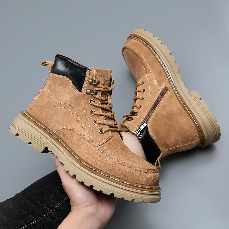 Autumn Winter New Pig Leather Boots Men British Fashion Casual Outdoor Work Boots Man Solid Color Designer Platform Shoes Male