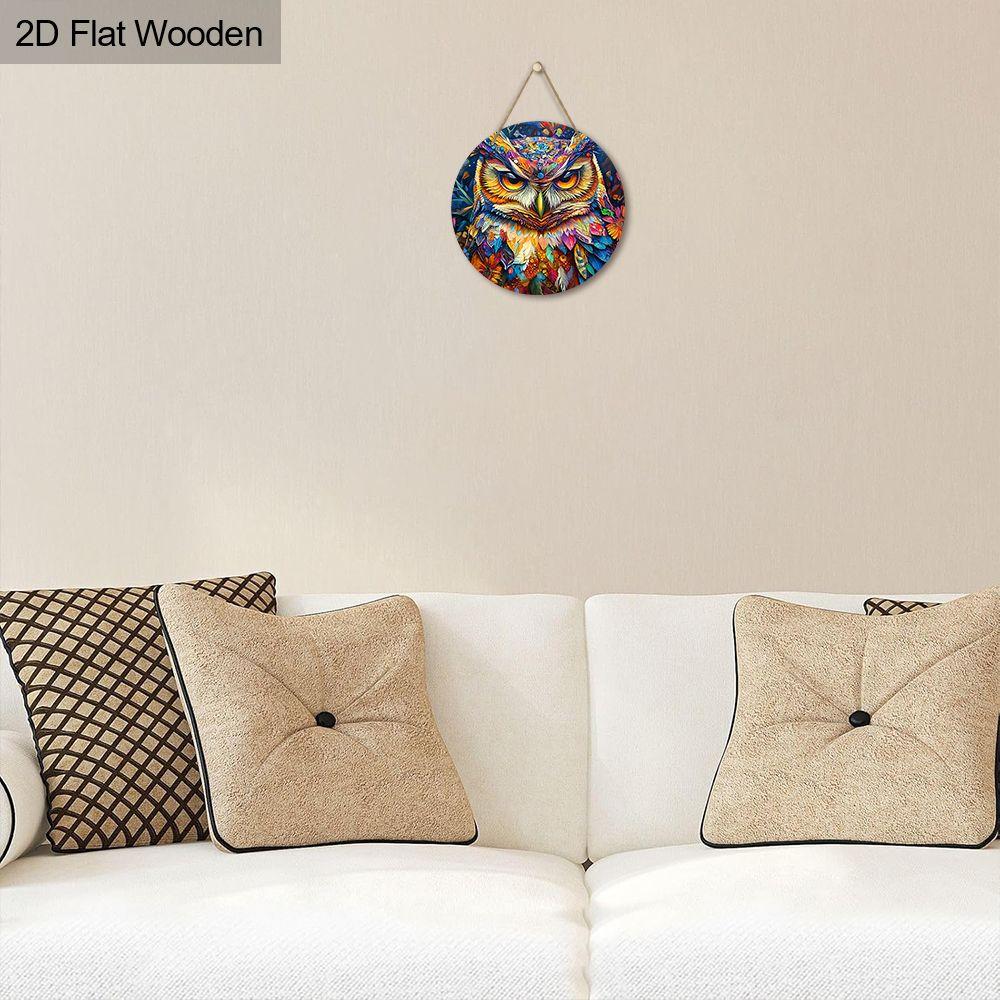 2D flat wooden hanging decorative signs, home wall or door decoration, garden decoration, the pattern is a colorful owl, housewarming gift for friends