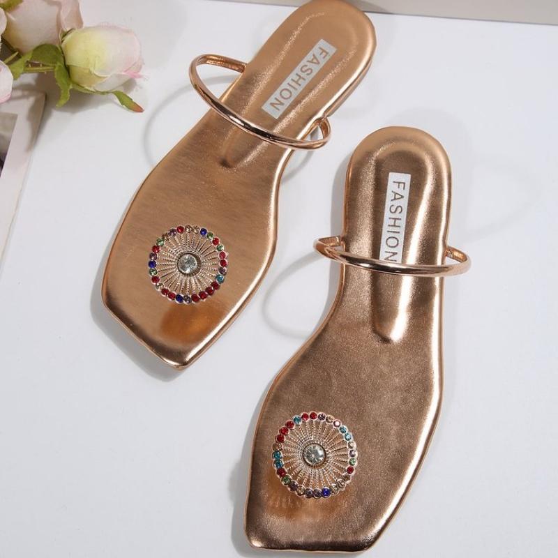 Mode Damen Sommer Flache Strass Blume Strand Hausschuhe Bequeme Zehensteg Damen Flache Strandsandalen Lässige Damen Flip Flops