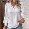 JPNTKY Damenmode Lässige einfarbige bedruckte Langarm-V-Ausschnitt-Blusen & Hemden
