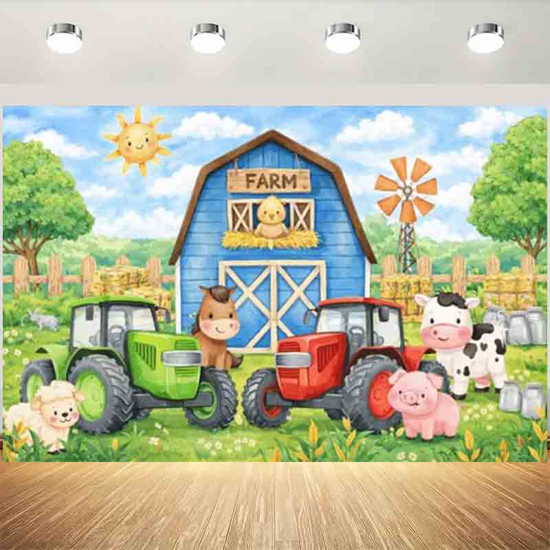 Cartoon Farm Animals Tractor Photography Backdrop Barn Windmill Kids Farm Themed Birthday Party Photo Banner