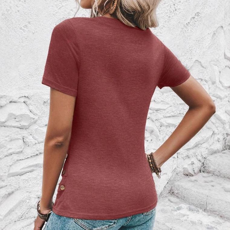 Spring and Summer High-end Slim Fit Solid Color Casual V-neck Short Sleeved Button Top Women's T-shirts