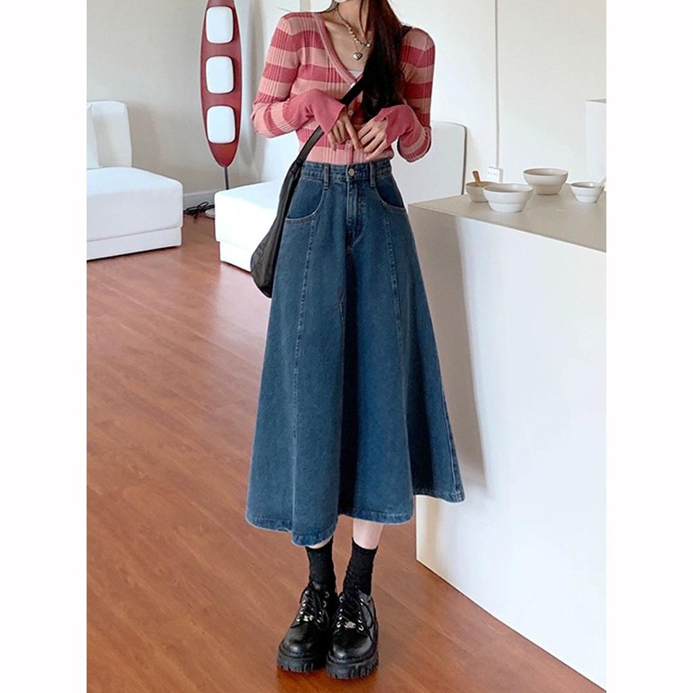 

Шикарные плиссированные джинсовые юбки весна-осень с высокой талией длинные женские прямые свободные джинсовые юбки миди XXXL синий