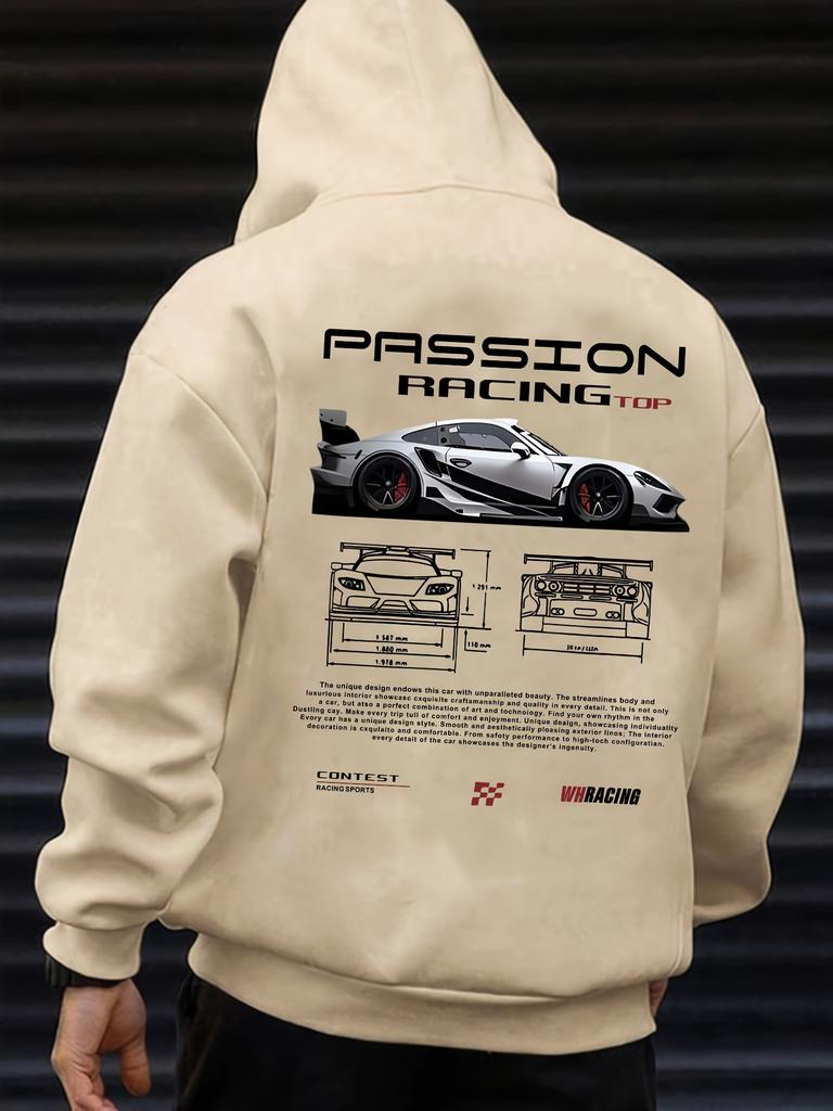 Trendy Digital Graphic Men's Hooded Sweatshirt, Car-themed Design, American Casual Sports Long-sleeved Shirt